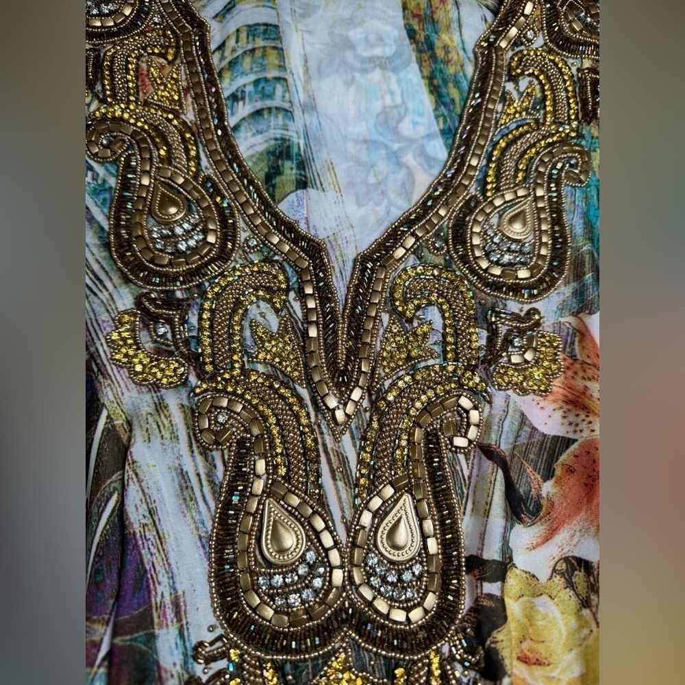 Classy Embellished V-neck Long Flared Sleeves Kaftan Swimsuit Coverup Dress - Picture 8 of 10